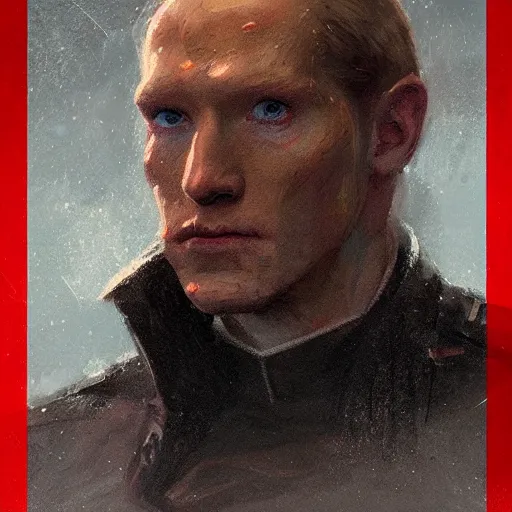 Prompt: portrait of a man by Greg Rutkowski, Domhnall Gleeson as an evil admiral in blak and red uniform, Star Wars Universe, scifi, highly detailed portrait, digital painting, artstation, concept art, smooth, sharp foccus ilustration, Artstation HQ