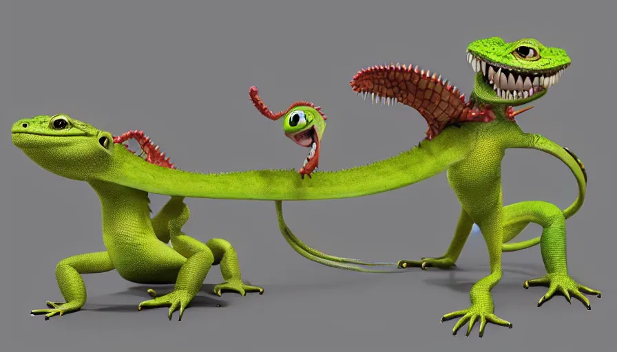 Image similar to very very very cute lizards by Max Kostenko and Bobby Chiu, disney, pixar, MPC, Framestore, character design for animation, video game character, cute, adorable, uplight, a lineup of characters, big disney eyes, symmetrical eyes, cuteness, 3d render, octane rendered, highly detailed, cinematic lightning, rendered by maya and houdini, highly detailed, unreal engine, Trending on Artstation, octane render, 4k, 8k, HD, oil on Canvas by Elena Zhurikhina and Goro Fujita and Charlie Bowater