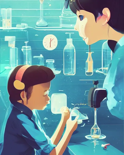 Image similar to a little girl is doing a science experiment. clean cel shaded vector art. minimalist illustration art by lois van baarle, artgerm, helen huang, petros afshar by makoto shinkai and ilya kuvshinov, rossdraws