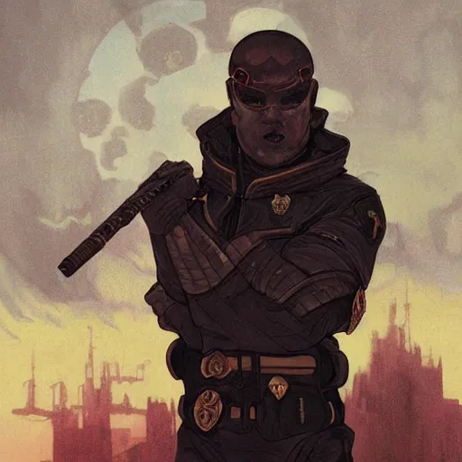 Image similar to portrait of rubbery, gaunt albino mutant with moist skin, sharp features, large lips, huge black eyes and determined expression, wearing fascist Byzantine police uniform and standing on cyberpunk docks, Dune concept art by Anato Finnstark, Alphonse Mucha, and Greg Rutkowski