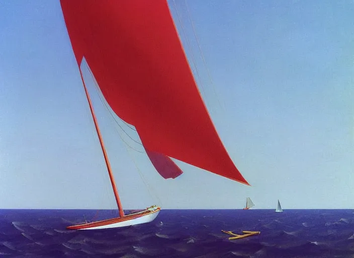 Prompt: woman on a beach, large sailboat with red sails, highly detailed, Edward Hopper and James Gilleard, Zdzislaw Beksinski highly detailed