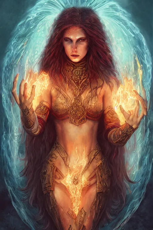 Image similar to Ethereal Beautiful Flame Goddess wearing Bikini Armor Imbued with Glowing Water Runes, digital art, fantasy, magic, professional illustration by Seb McKinnon, WLOP, and artgerm, illustration