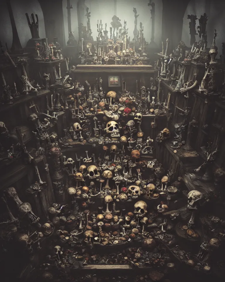 Image similar to full color, low wide shot of sedlec ossuary, bones, anime style mixed with fujifilm, dark, foggy, atmospheric, artstation, cgsociety, octane render, cgi, unreal engine 5, denoise, detailed, cinematic masterpiece