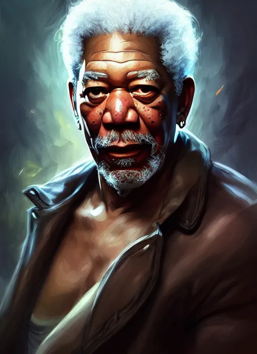 Image similar to Portrait of Morgan Freeman, D&D, muscular, fantasy, intricate, elegant, highly detailed, digital painting, artstation, concept art, smooth, sharp focus, illustration, art by artgerm and greg rutkowski and alphonse mucha