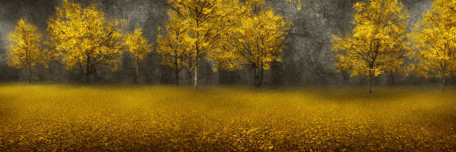 Image similar to yellow trees, michal karcz grunge painting of a beautiful landscape, detailed, elegant, intricate, 4k,