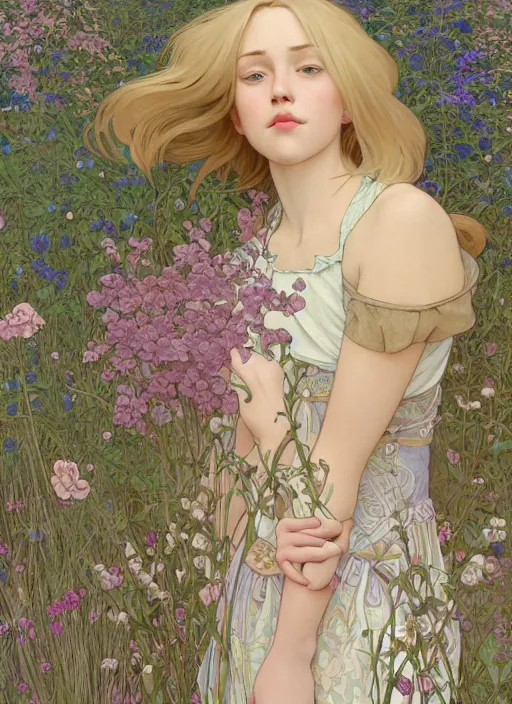 Prompt: pretty young man with shoulder length blond hair, half body shot, emotional, decorative flower patterned background, path traced, highly detailed, high quality, digital painting, by studio ghibli and alphonse mucha, leesha hannigan, hidari, disney, jules bastien - lepage, art nouveau, martine johanna, android jones, andreas rocha