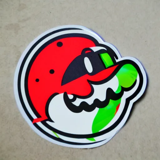 Image similar to die cut sticker, yoshi wearing mario's mustache, splatter paint