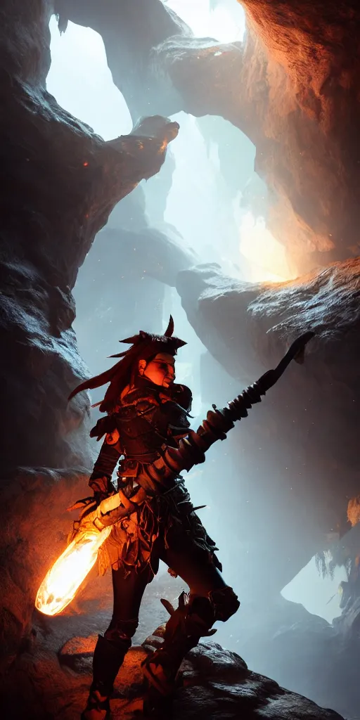 Image similar to a epic hero adventurer holding a torch in a dark cave, fantsy, concept art, artgerm, monster hunter world, 8 k realistic, radiant light, frostbite 3 engine, dof, cryengine, digital art, detailed background