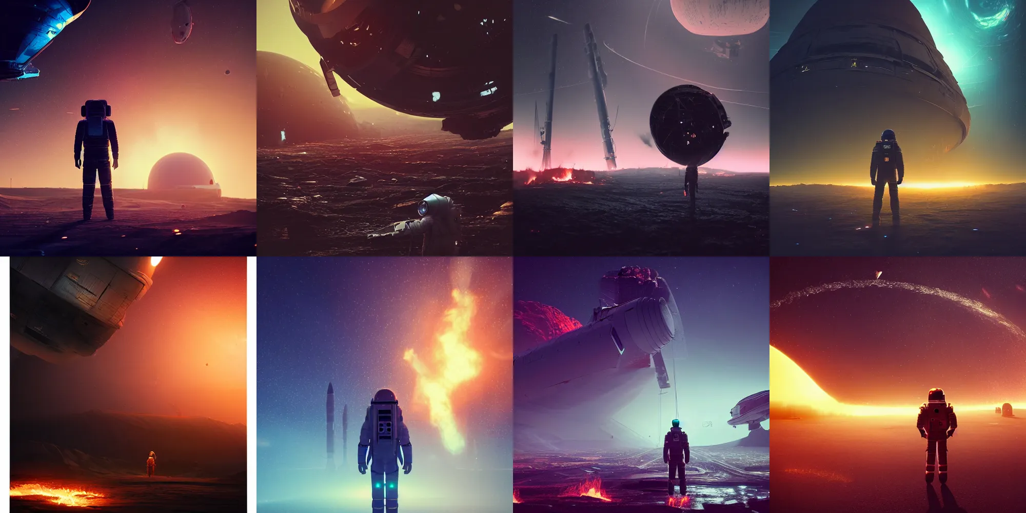 Prompt: beautiful dark landscape, astronaut standing looking, wrecked spacecraft destroyed on fire, in the style of beeple and Mike Winkelmann, intricate, epic lighting, cinematic composition, hyper realistic, 8k resolution, unreal engine 5,