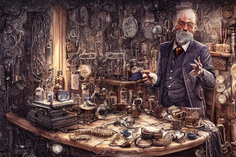 Image similar to Uncle Aloysius, snake oil salesman, wild west crypto pharmaceutical industrialist, cute, fantasy, intricate, elegant, highly detailed, digital painting, 4k, HDR, concept art, smooth, sharp focus, illustration, art by H R Giger