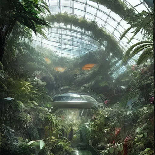 Prompt: indoor jungle by greg rutkowski inside glass high technology biodome designed by zaha hadid, ultra detailed, trending on artstation, 8 k