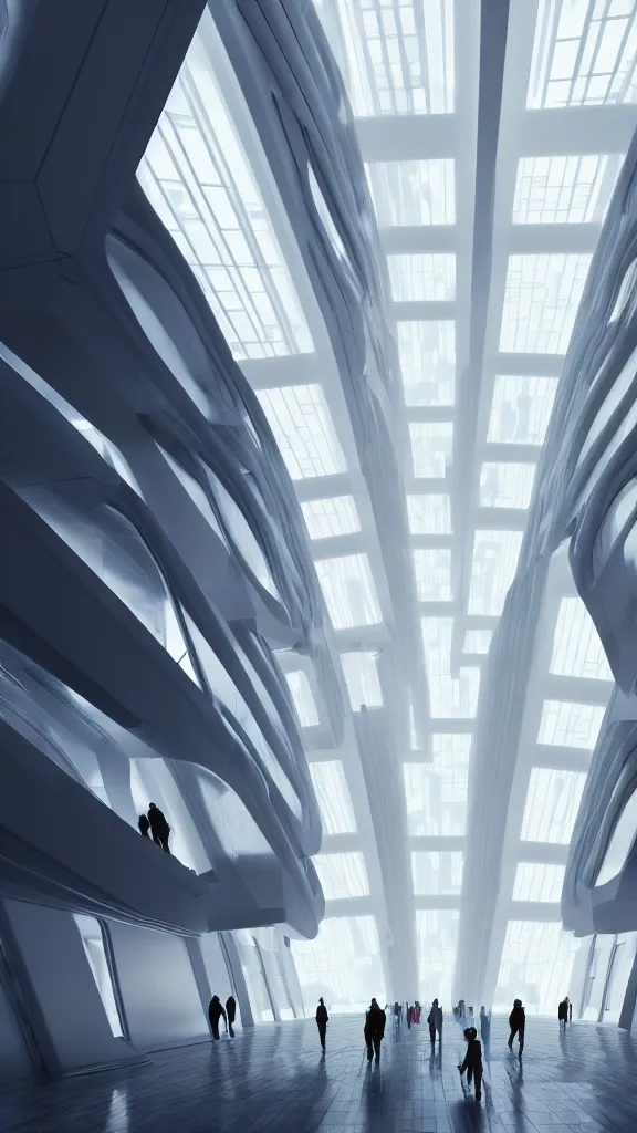 Prompt: the inside of a very tall building, big pods, big windows, octane render, warm colour scheme, white, cyberpunk architecture by zaha hadid, cinematic, scenery, unreal engine, render, cgsociety, modernism, futuristic, artstation, sci - fi, high detail, high quality, close up angle, people walking