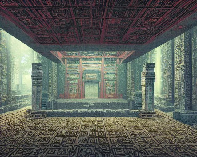 Image similar to interior of a long forgotten asian temple, pixel art, brutalism, art by dan mumford, volumetric lighting, 8 k