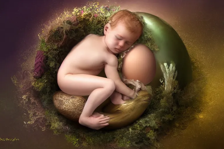 Image similar to a baby mermaid laying inside of an egg, photography, concept art, digital art, trending on artstation, 4 k, extremely detailed, realistic, photorealistic, anne geddes