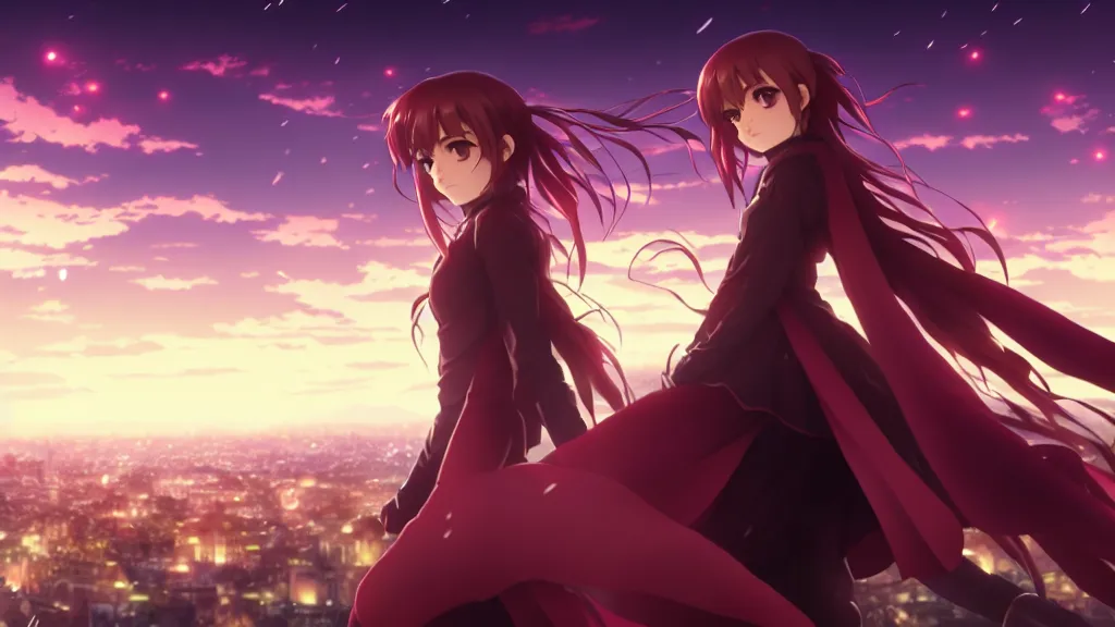 Image similar to emma watson, heavens feel movie, demon slayer, ufotable, kyoani, high quality, artstation, key visual, cinematic, city background, night time, rooftop, fate stay night, unlimited blade works, greg rutkowski, high resolution, dynamic pose, extreme close up, rin outfit, anime, high angle, high budget