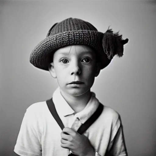 Prompt: photo of Alfalfa from Our Gang, by Diane Arbus, black and white, high contrast, Rolleiflex, 55mm f/4 lens