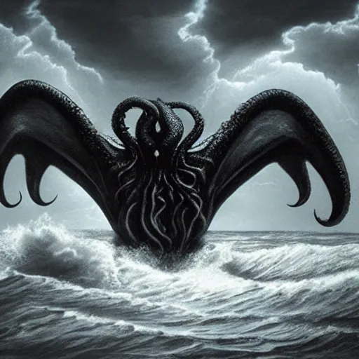 Image similar to cthulhu rising above the ocean, ominous, dark clouds, storm, lighting storm, lovecraft