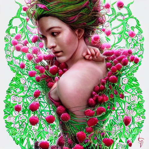 Prompt: the portrait of an absurdly beautiful, graceful, elegant, curvy woman made of strawberries and green petals, an ultrafine hyperdetailed illustration by kim jung gi, irakli nadar, intricate linework, bright colors, octopath traveler, final fantasy, angular, unreal engine 5 highly rendered, global illumination, radiant light, detailed and intricate environment