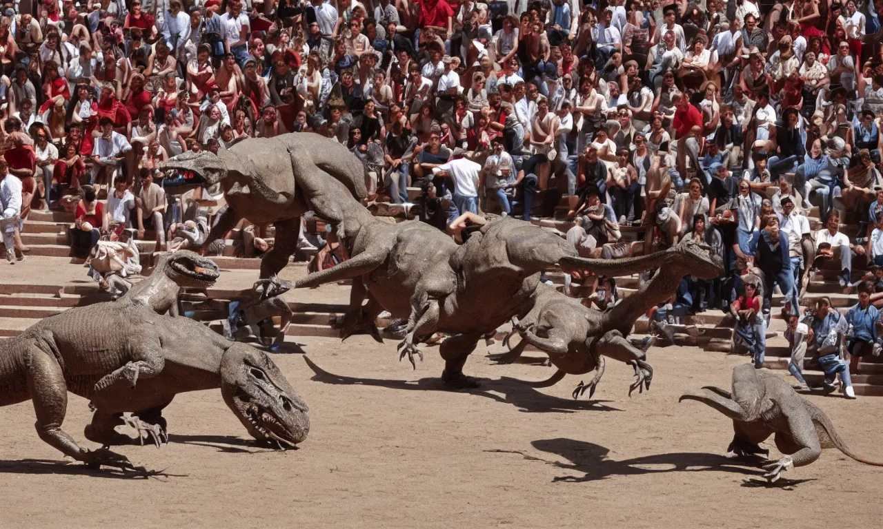 Image similar to a toreador facing off against a t - rex in the plaza de toros, madrid. extreme long shot, midday sun, kodachrome