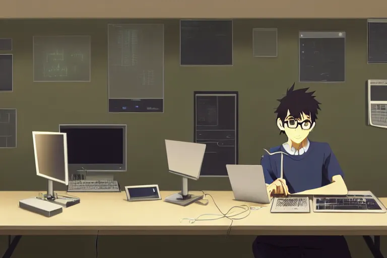 Image similar to a nerdy boy is programming at a computer in a room full of gadgets, screens all over the walls, by makoto shinkai and ghibli studio, dramatic lighting, highly detailed, incredible quality, trending on artstation