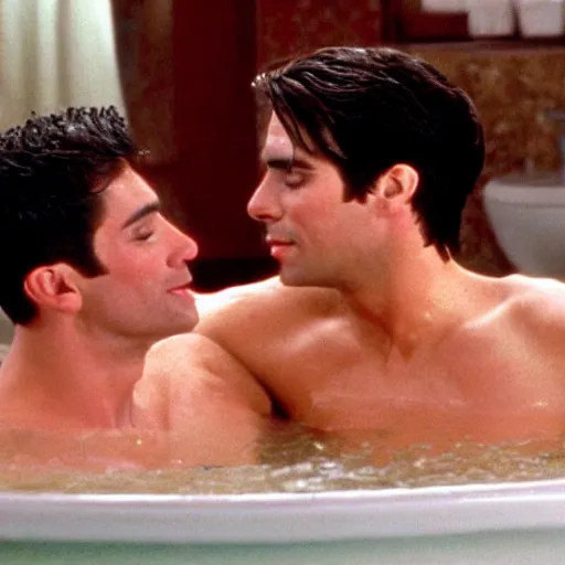 Prompt: the bathtub scene from pretty woman if both leads were handsome men