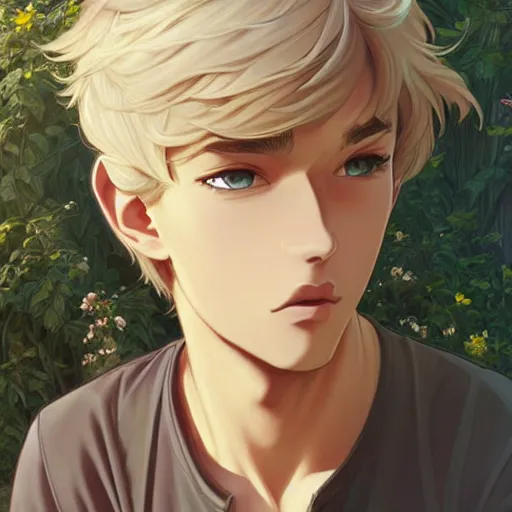 Image similar to young man with short, ash blond greyish hair, light brown eyes, casual clothes, relaxing, happy, path traced, highly detailed, high quality, digital painting, by don bluth and ross tran and studio ghibli and alphonse mucha, sylvain sarrailh, beautiful details