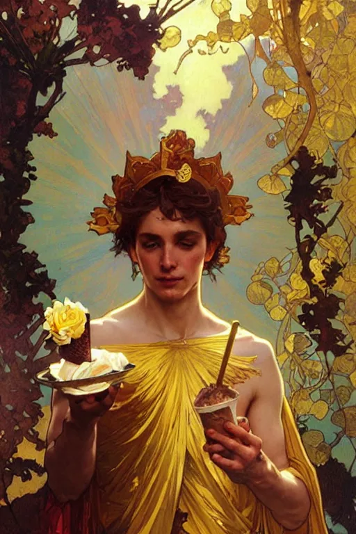 Image similar to A god wearing golden clothes, eating ice cream, fantasy, painting by greg rutkowski and alphonse mucha