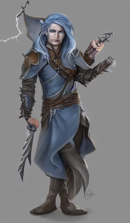 Image similar to cute whimsical half - elf sorcerer rogue with lightning, chris pratt light grey - blue hair, d & d, fantasy, portrait, highly detailed, digital painting