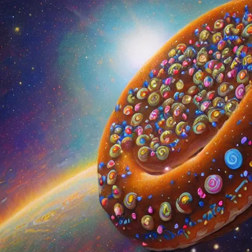 Prompt: a highly detailed, beautiful illustration of cosmic donuts by james gurney, trending on artstation