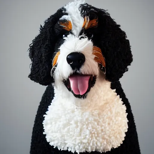 Image similar to a closeup photorealistic photograph of a cute smiling knitted bernedoodle judge dog dressed in a black gown, presiding over the courthouse. indoors, professional capture, well lit shot. this 4 k hd image is trending on artstation, featured on behance, well - rendered, extra crisp, features intricate detail, epic composition and the style of unreal engine.