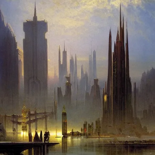 Prompt: a painting of a science fiction city filled with exotic market, tall towers inspired by tolkien, painted by bierstadt