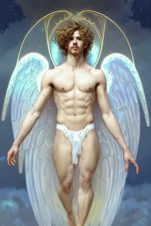 Prompt: portrait of a beautiful young fit male angel with curly blond hairs, dressed with fluent clothes, majestic symmetrical white wings, luminous halo, by greg rutkowski and alphonse mucha, gradient white to gold, in front of an iridescent background, highly detailed portrait, digital painting, artstation, concept art, smooth, sharp focus ilustration, artstation hq