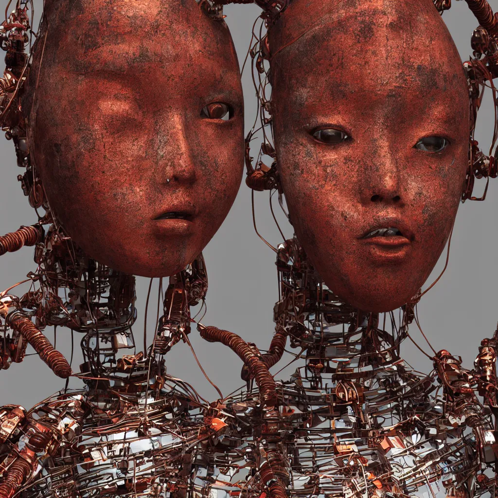 Prompt: Portrait photo of a slightly rusty, beaten-up Japanese robotic geisha with wires and actuators in a technological mega-structure, dramatic lighting, hyper-realistic, ultra-realistic, concept art, intricate details, 8K Ultra High Definition, digital art