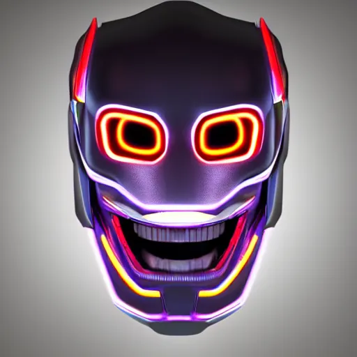 Image similar to portrait of an intimidating glowing scary robot, metal is multicolored, glowing eyes, glowing veins of white, hero, villain, Joker smile, creepy, Ultron