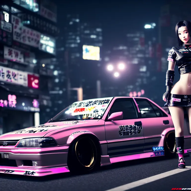 Image similar to toyota jzx 1 0 0 drift, detailed - wheels, shibuya prefecture, cyberpunk female supermodel in front, cinematic lighting, photorealistic, night photography, octane render