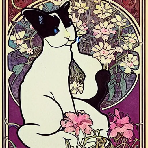 Image similar to white short haired cat, surrounded by flowers, Alphonse mucha, art nouveau, poster art, beautiful art nouveau advertisement