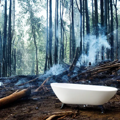 Image similar to pristine porcelain bath filled with bubbles in a clearcut rainforest, slash and burn, cleared forest, deforestation, tree stumps, smouldering charred timber