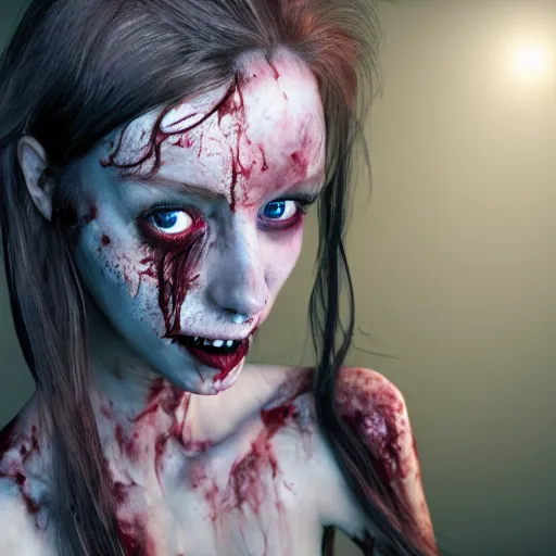 Prompt: full body of a woman becoming a zombie. hyper realistic. pretty. detailed eyes. body decay. smiling. sexy. bites on the body. moddy lighting. red hair.