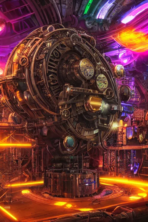 Image similar to a movie poster, name tripmachine, photo of a huge futuristic steampunk generator inside a steampunk machinery, 8 k, fluorescent colors, halluzinogenic, multicolored, exaggerated detailed, 3 d render, octane