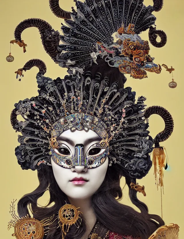 Image similar to goddess portrait with mask and crown made of ram skull. beautiful intricately detailed japanese crow kitsune mask and clasical japanese kimono. betta fish, jellyfish phoenix, bioluminescent, plasma, ice, water, wind, creature, super intricate ornaments artwork by tooth wu and wlop and beeple and greg rutkowski