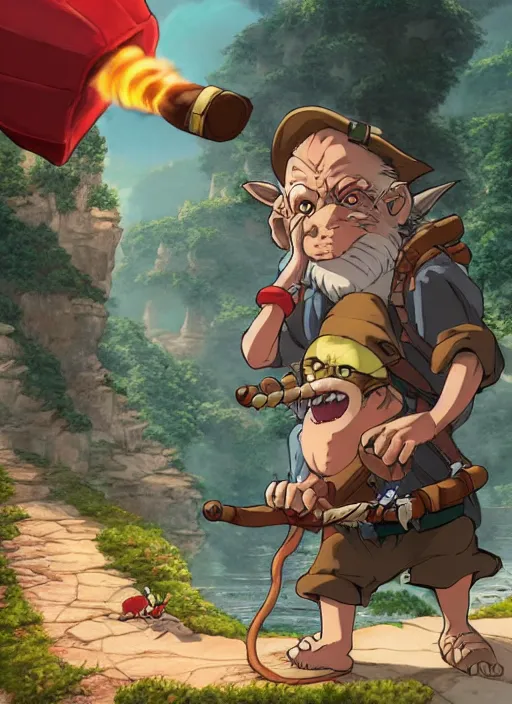 Image similar to studio ghibli pathfinder 2 e illustration of a goblin mixed with a monkey smoking a cigar, pirate themed, character portrait, unreal engine, hyper realism, realistic shading, cinematic composition, realistic render, octane render, detailed textures, photorealistic, wide shot