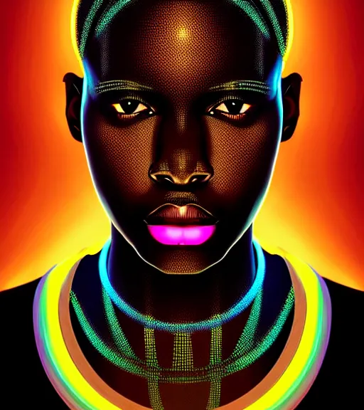 Image similar to symmetry!! african prince of technology, solid cube of light, hard edges, product render retro - futuristic poster scifi, lasers and neon circuits, dark skin man african prince, intricate, elegant, highly detailed, digital painting, artstation, concept art, smooth, sharp focus, illustration, dreamlike, art by artgerm