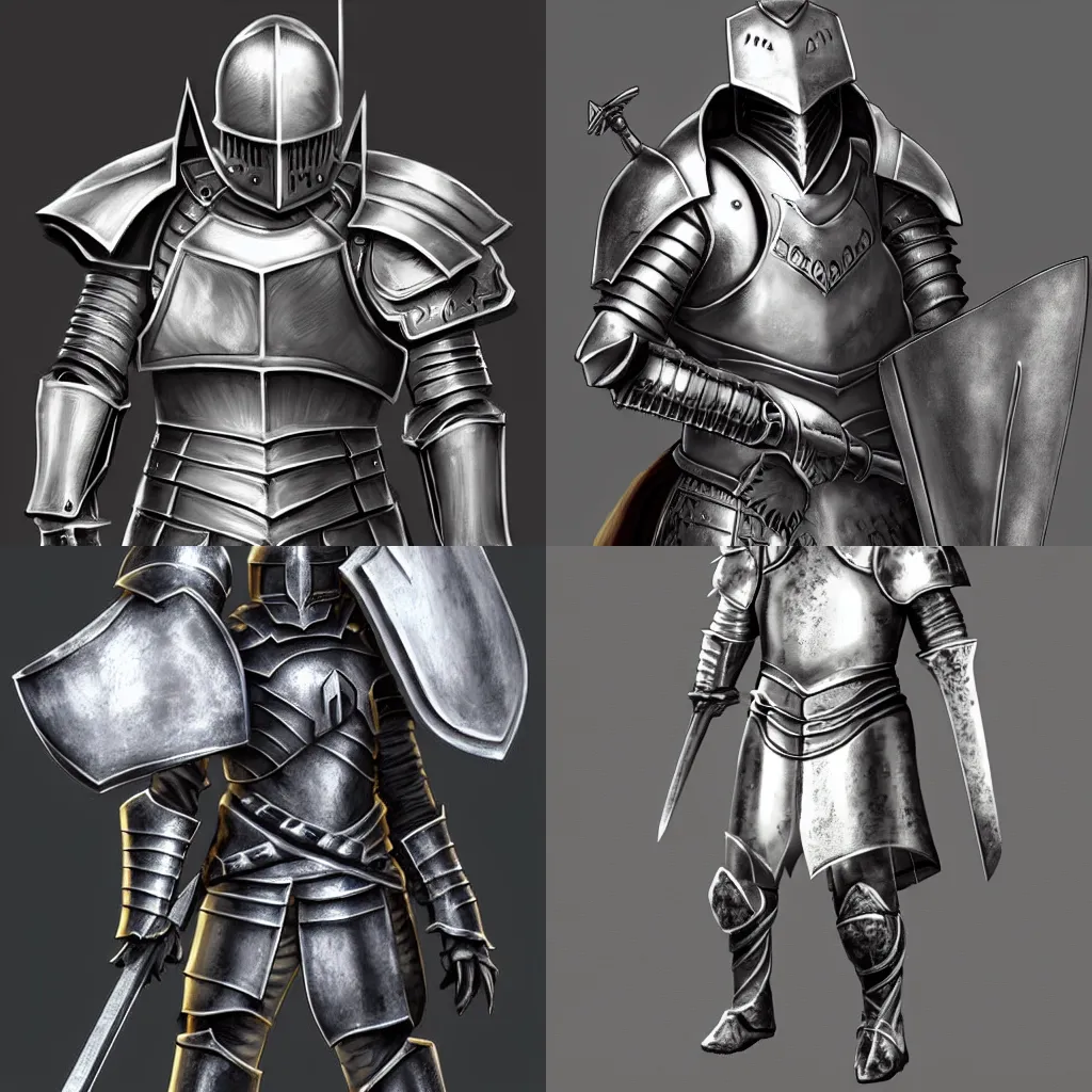 Prompt: A fantasy knight wearing heavy silver plate armor, carrying a huge rectangular metal shield and a sword, smooth digital art, extremely clean, very professional character art, trending on artstation