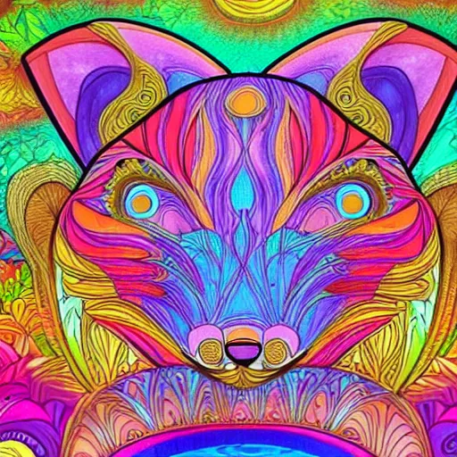 Image similar to an anthromorphic fox man meditating in a garden with a waterfall and clouds, by Lisa Frank in a psychedelic style, digital art