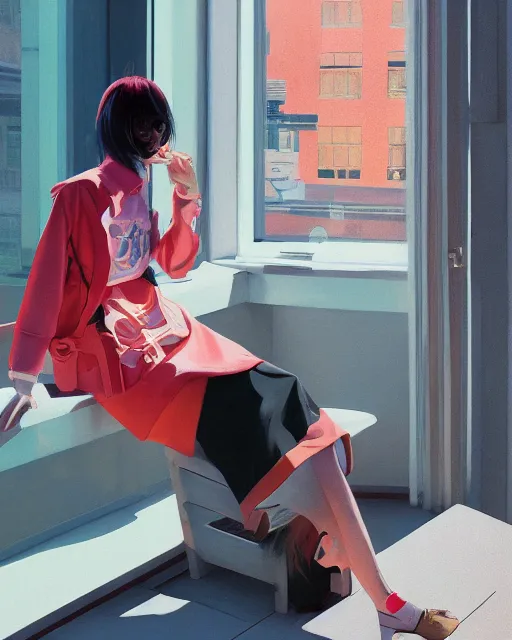 Image similar to A ultradetailed beautiful panting of a stylish woman sitting next to a window, she is wearing streetwear, bright sunny day, Oil painting, by Ilya Kuvshinov, Greg Rutkowski and Makoto Shinkai