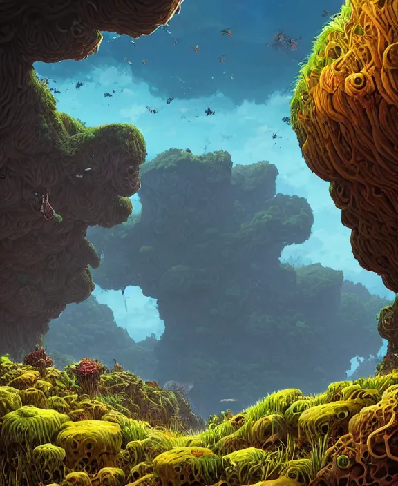 Image similar to an enormous bunker made out of exotic fungus, overgrown with weird fungus and slime, cliff side, noon, sun drenched, partly cloudy, by dan mumford, yusuke murata, makoto shinkai, ross tran, cinematic, unreal engine, cel shaded, featured on artstation, pixiv