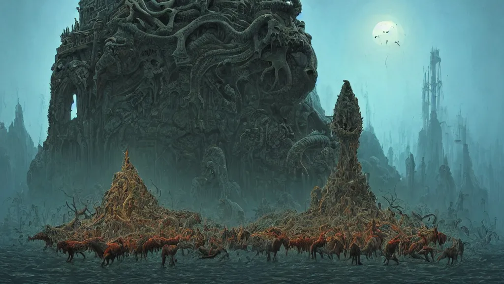 Image similar to the ancient manifestation of evil in a sea of rabid dogs, intricate, detailed, volumetric lighting, sharp focus, scenery, photorealism, digital painting, highly detailed, concept art, by roger dean and simon stalenhag and mark brooks