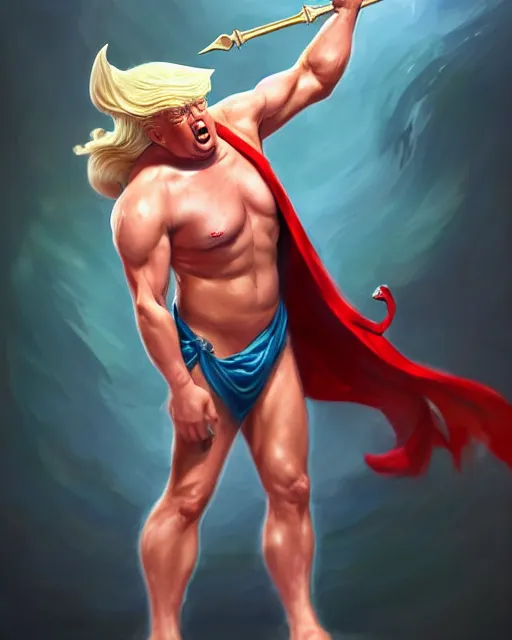 Image similar to character concept art of donald trump as poseidon in a dynamic pose | cute - fine face, pretty face, realistic shaded perfect face, fine details by stanley artgerm lau, wlop, rossdraws, james jean, andrei riabovitchev, marc simonetti, and sakimichan, tranding on artstation