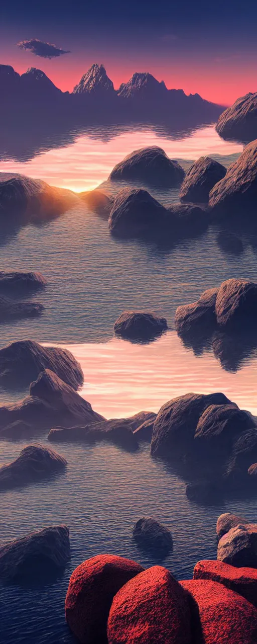 Image similar to super detailed color lowpoly art, northern sunset with rocks on front, monochrome photorealistic bay in the middle of perspective and mountains at background, big graphic ship in random point of bay, unreal engine, high contrast color palette, 3 d render, lowpoly, colorful, digital art, perspective