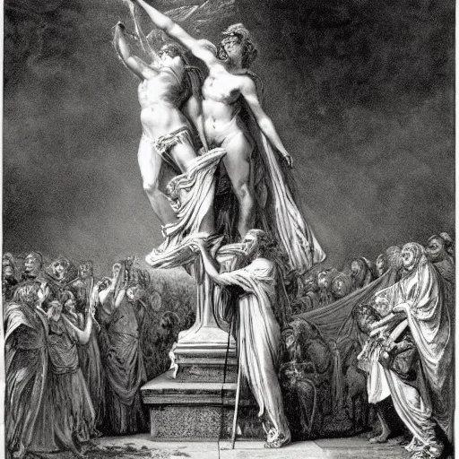 Image similar to the apotheosis of richard milhous nixon, an engraving by gustave dore and mark riddik